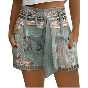 Women Tie Waist Mid-Rise Lace Hem Floral Print Lightweight Loose Shorts - Large
